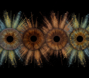 Four distinct human eye irises arranged horizontally in a mysterious swirl of colorful smoke and dust against a black background. Blue, brown, yellowish, and grey eyes are joined by powerful energy streams, symbolizing soul harmony. This meaningful piece is part of the iris art online collection, perfect for highlighting the spiritual bond between loved ones. Order your online iris scan now.