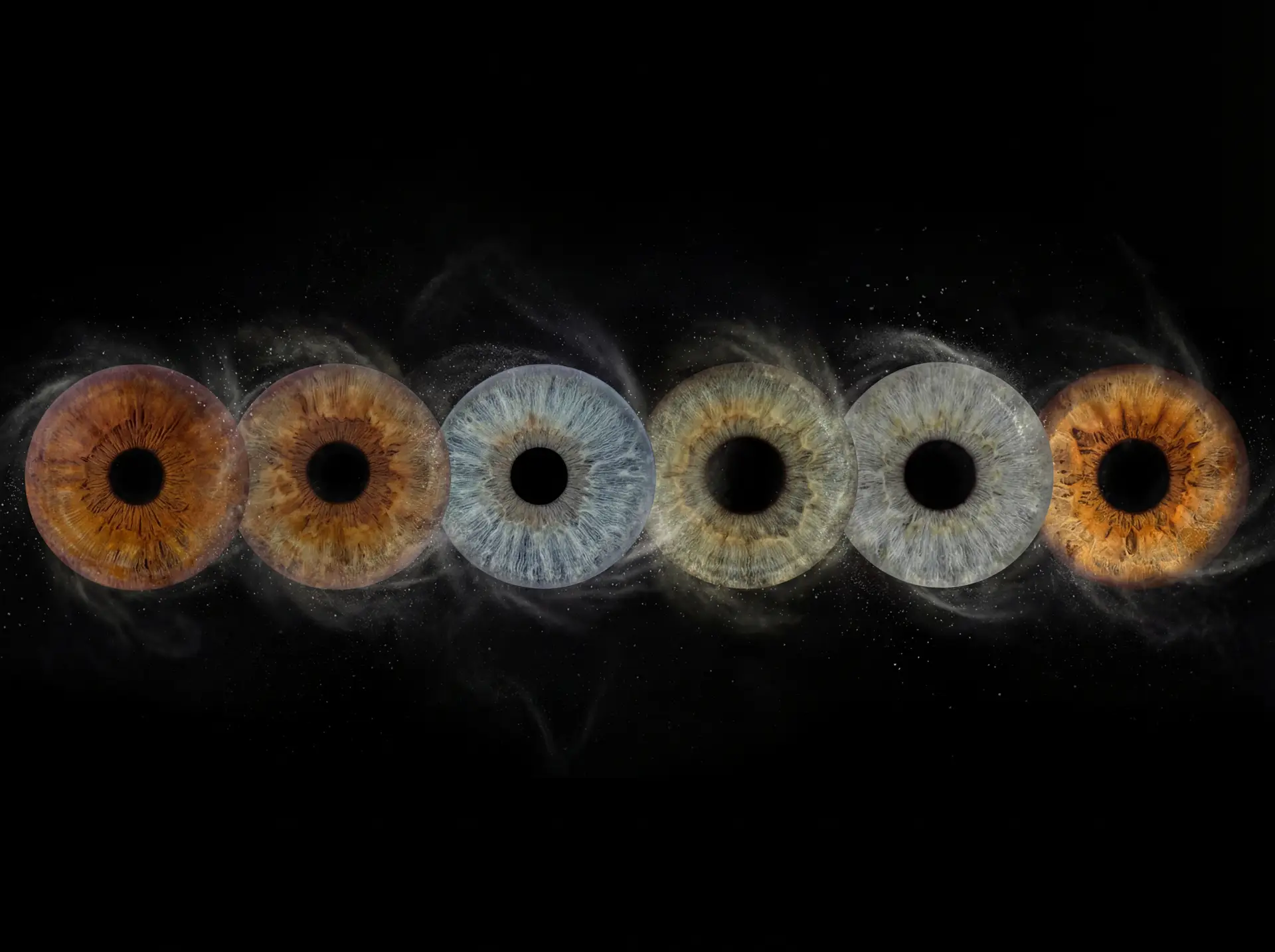 Custom matched iris art photography featuring six human eye irises aligned in a horizontal row against a deep black background. The unique detailed iris patterns include cool blue, deep brown, hazel, and green irises, each surrounded by a customized explosion of fine swirling white stardust particles and mist. The surrounding cosmic dust colors are personalized to match the natural pigments within each specific iris. This high-end bespoke wall art print visualizes a profound family bond or friendship connection, suitable for a personalized, atmospheric home decor gallery.