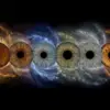Custom matched iris art photography featuring six human eye irises aligned horizontally against a deep black background. The unique and detailed iris patterns include cool blue, deep brown, hazel, and green irises, presented as a continuous row. A vibrant cosmic galaxy background flows behind the eyes, transitionally personalized from rich copper-gold on the outer edges to cool nebula blue in the center. This surrounding stardust is custom matched to the natural pigments within each specific iris. This high-end bespoke wall art print visualizes a profound family bond or friendship connection, suitable for a personalized, atmospheric home decor gallery.