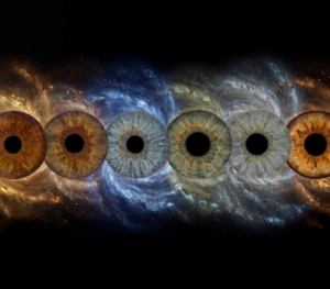 Custom matched iris art photography featuring six human eye irises aligned horizontally against a deep black background. The unique and detailed iris patterns include cool blue, deep brown, hazel, and green irises, presented as a continuous row. A vibrant cosmic galaxy background flows behind the eyes, transitionally personalized from rich copper-gold on the outer edges to cool nebula blue in the center. This surrounding stardust is custom matched to the natural pigments within each specific iris. This high-end bespoke wall art print visualizes a profound family bond or friendship connection, suitable for a personalized, atmospheric home decor gallery.