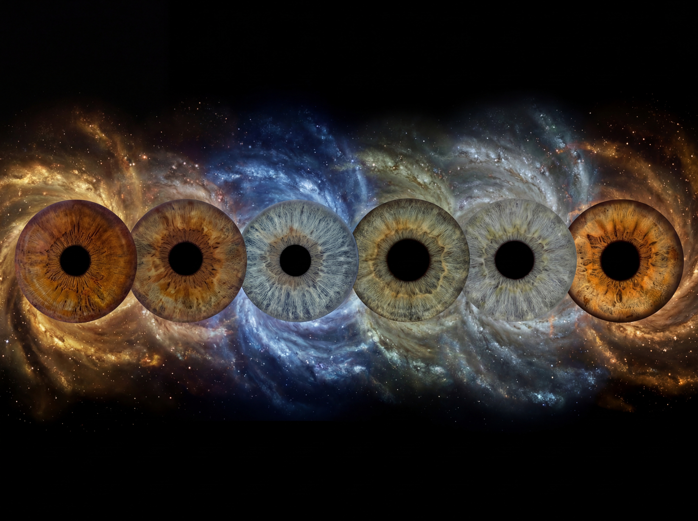 Custom matched iris art photography featuring six human eye irises aligned horizontally against a deep black background. The unique and detailed iris patterns include cool blue, deep brown, hazel, and green irises, presented as a continuous row. A vibrant cosmic galaxy background flows behind the eyes, transitionally personalized from rich copper-gold on the outer edges to cool nebula blue in the center. This surrounding stardust is custom matched to the natural pigments within each specific iris. This high-end bespoke wall art print visualizes a profound family bond or friendship connection, suitable for a personalized, atmospheric home decor gallery.