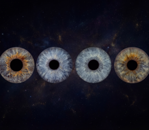 Artistic "Iris Art online" composition: four contrasting human eye irises arranged horizontally against a mysterious background of galaxies and spiritual nebulae. This meaningful piece is part of the iris art online collection, symbolizing the communion of souls in the infinity of the universe. An exclusive online irises gift for a family or group of friends, transforming their gazes into an eternal work of art.