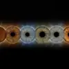 Custom matched iris art photography featuring six detailed human eye irises aligned in a precise horizontal row against a deep black background. The unique and intricate iris patterns include light blue, brown, green, and hazel irises, each surrounded by a customized, continuous 'eclipse-style' corona of bright, radiant light halos. This radiant stardust aura dynamically transitions personalized from deep copper-gold on the outer edges to cool nebula blue in the center, meticulously custom matched to the natural pigments within each specific iris. This high-end bespoke wall art print visualizes a profound family bond or friendship connection, suitable for a sophisticated, atmospheric home decor gallery celebrating hidden light.
