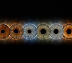 Custom matched iris art photography featuring six detailed human eye irises aligned in a precise horizontal row against a deep black background. The unique and intricate iris patterns include light blue, brown, green, and hazel irises, each surrounded by a customized, continuous 'eclipse-style' corona of bright, radiant light halos. This radiant stardust aura dynamically transitions personalized from deep copper-gold on the outer edges to cool nebula blue in the center, meticulously custom matched to the natural pigments within each specific iris. This high-end bespoke wall art print visualizes a profound family bond or friendship connection, suitable for a sophisticated, atmospheric home decor gallery celebrating hidden light.