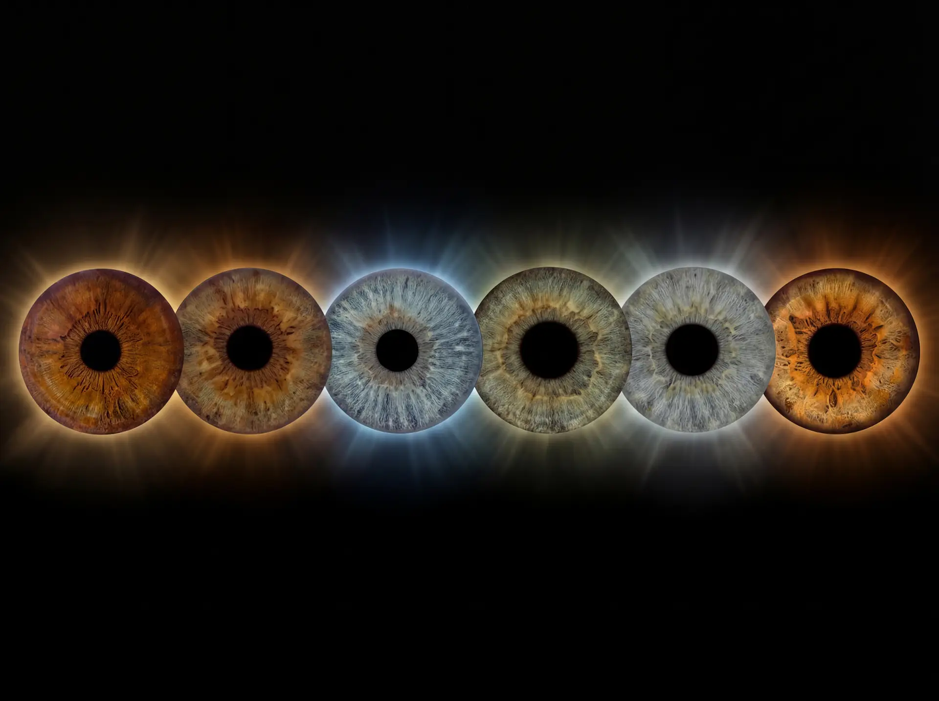 Custom matched iris art photography featuring six detailed human eye irises aligned in a precise horizontal row against a deep black background. The unique and intricate iris patterns include light blue, brown, green, and hazel irises, each surrounded by a customized, continuous 'eclipse-style' corona of bright, radiant light halos. This radiant stardust aura dynamically transitions personalized from deep copper-gold on the outer edges to cool nebula blue in the center, meticulously custom matched to the natural pigments within each specific iris. This high-end bespoke wall art print visualizes a profound family bond or friendship connection, suitable for a sophisticated, atmospheric home decor gallery celebrating hidden light.