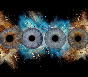 Powerful "Iris Art online" artwork: four human eye irises integrated into a dramatic and powerful explosion of dust and particles in blue and brown tones against a black background. Blue and brown eyes merge into an energetic and modern artistic composition. This meaningful piece is part of the iris art online collection, symbolizing freedom, energy, and transformation. Order your online iris art now.