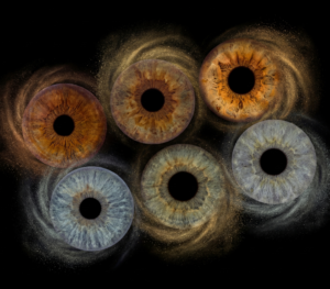 Custom matched iris art photography featuring six highly detailed human eye irises clustered in an asymmetric, organic constellation against a deep black background. The unique and intricate iris patterns include various light blue, deep brown, hazel, and green irises. Each iris is surrounded by a personalized, swirling cosmic galaxy of fine stardust particles. The surrounding stardust color is transitionally personalized from rich copper-gold around the warmer-toned irises to cool silver stardust around the blue-toned irises, meticulously custom matched to the natural pigments within each specific iris. This high-end bespoke wall art print visualizes a profound family bond or friendship connection, suitable for a sophisticated, personalized home decor gallery celebrating individual beauty and unity.