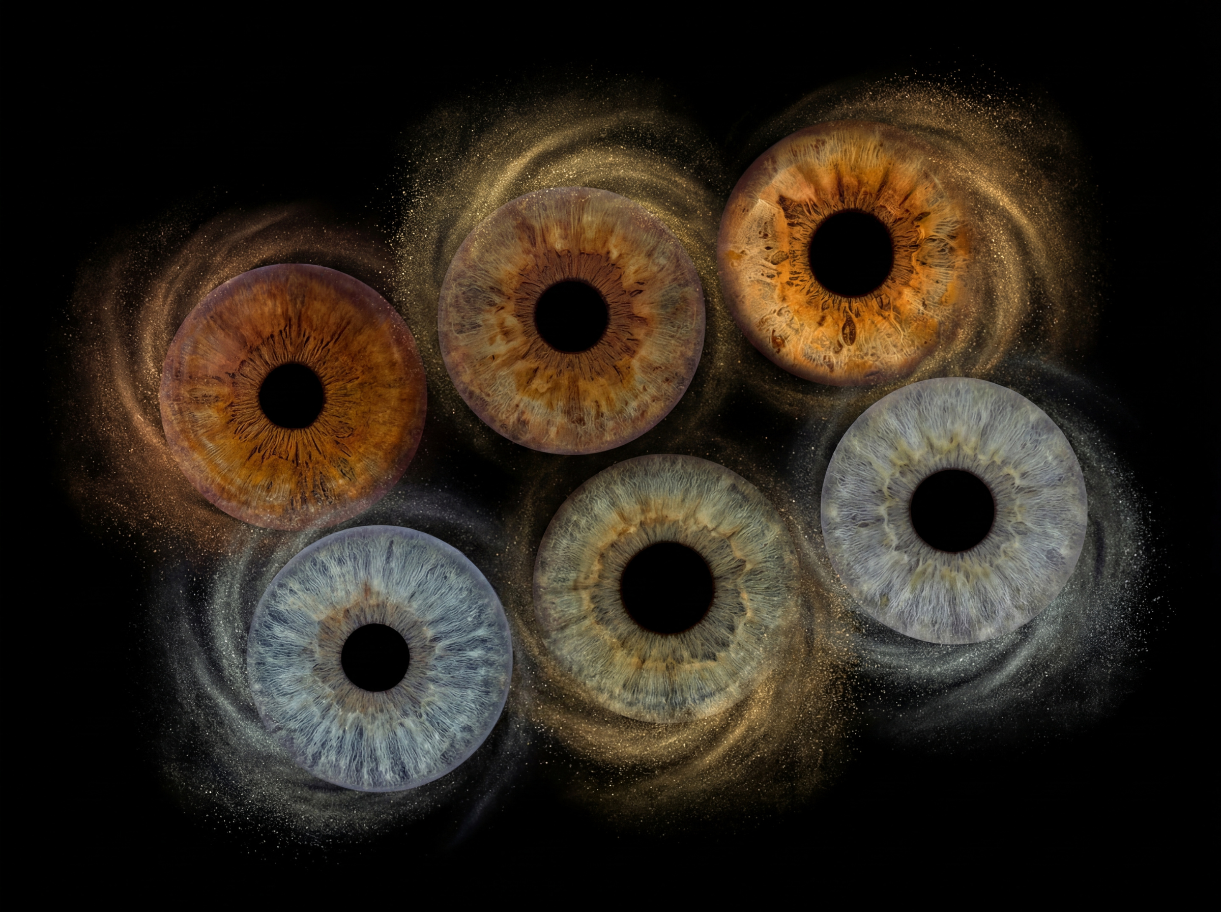 Custom matched iris art photography featuring six highly detailed human eye irises clustered in an asymmetric, organic constellation against a deep black background. The unique and intricate iris patterns include various light blue, deep brown, hazel, and green irises. Each iris is surrounded by a personalized, swirling cosmic galaxy of fine stardust particles. The surrounding stardust color is transitionally personalized from rich copper-gold around the warmer-toned irises to cool silver stardust around the blue-toned irises, meticulously custom matched to the natural pigments within each specific iris. This high-end bespoke wall art print visualizes a profound family bond or friendship connection, suitable for a sophisticated, personalized home decor gallery celebrating individual beauty and unity.