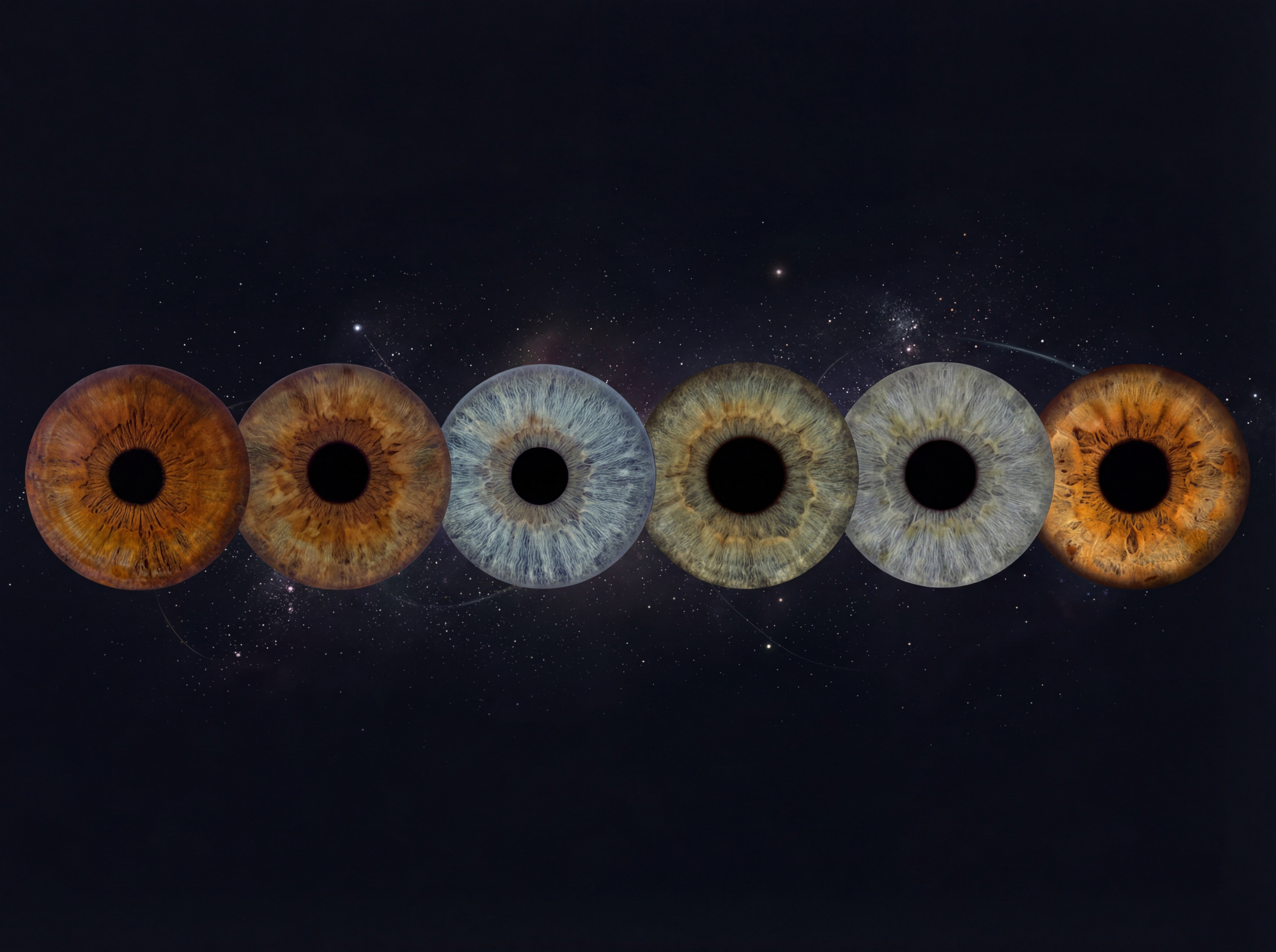 Experience the spectacular collision of six unyielding spirits visualized. The "Elemental Sextet Galaxy" artfully aligns your unique irises within a powerful, continuous cosmic flow. To ensure a truly bespoke masterpiece, the vibrant surrounding dust and energy—which dynamically transitions from deep copper-gold into cool cosmic blue and back to rich gold—is meticulously custom-matched to mirror the unique natural pigments found within your specific irises. This design celebrates the wild yet harmonious energy of your deepest shared bond, turning six separate stories into one breathtaking, explosive masterpiece of truly personalized living energy.