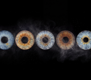 Custom matched iris art photography featuring five human eye irises aligned in a horizontal row against a deep black background. The unique detailed iris patterns include cool blue, deep brown, hazel, and green irises, each surrounded by a customized explosion of fine white and colored stardust particles and mist. The surrounding cosmic dust colors are personalized to match the natural pigments within each specific iris. This high-end bespoke wall art print visualizes a profound family bond or friendship connection, suitable for a personalized, atmospheric home decor gallery.