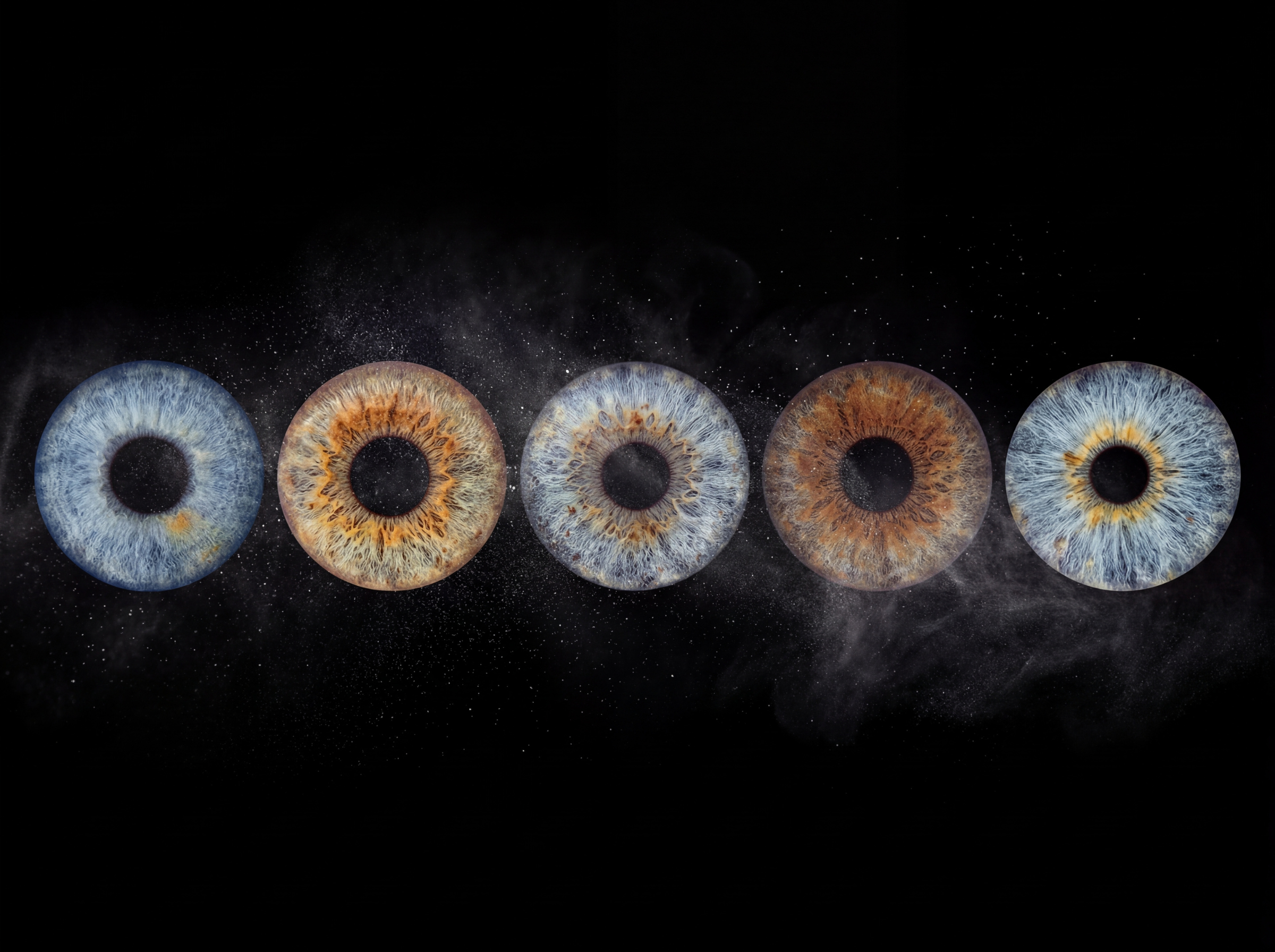 Custom matched iris art photography featuring five human eye irises aligned in a horizontal row against a deep black background. The unique detailed iris patterns include cool blue, deep brown, hazel, and green irises, each surrounded by a customized explosion of fine white and colored stardust particles and mist. The surrounding cosmic dust colors are personalized to match the natural pigments within each specific iris. This high-end bespoke wall art print visualizes a profound family bond or friendship connection, suitable for a personalized, atmospheric home decor gallery.