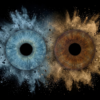 Popular "Iris Photography" artwork "Magnetic Pull": two human eye irises (blue and brown) joined by a powerful, contrasting smoke and dust explosion effect on a black background. This is unique iris art online, transforming the beauty of your eyes into an energetic masterpiece. The online iris service allows you to order such personalized artworks online.