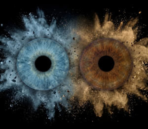 Popular "Iris Photography" artwork "Magnetic Pull": two human eye irises (blue and brown) joined by a powerful, contrasting smoke and dust explosion effect on a black background. This is unique iris art online, transforming the beauty of your eyes into an energetic masterpiece. The online iris service allows you to order such personalized artworks online.