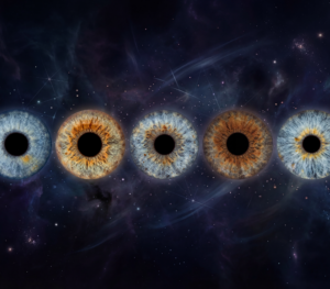 Personalized online custom family nebula eyes artwork cosmic ancestry five unique irises aligned horizontally in swirling nebula galaxy space background with stardust trails cosmic wisps purple blue nebula clouds twinkling stars, family eye constellation portrait symbolizing eternal kinship shared destiny timeless heritage bloodline legacy unbreakable ancestral bond generational connection, surreal personalized cosmic iris art transforming natural eye colors cool blue icy amber warm orange brown hazel into radiant stellar halos glowing nebula universe, custom five irises family cosmic ancestry design online iris nebula effect for profound unity celestial kinship family eye galaxy portrait print digital art ancestral stars aligned horizontal constellation eyes.