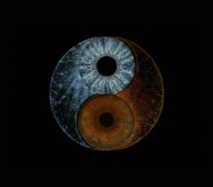 Unique Iris Art artwork: A Yin and Yang symbol formed by two contrasting human eye irises – light blue and dark brown – on a black background. An artistic composition emphasizing the harmony of opposites, individual iris patterns, perfect for modern interiors and personalized gifts.
