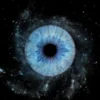 Mystical "Iris Art online" piece: bright blue human eye iris integrated into a cosmic swirl of galaxies, sparkling stars, and nebulae on a black background. This meaningful piece is part of the iris art online collection, symbolizing cosmic mysteries and soul infinity. Order your online iris scan now.