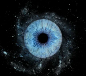 Mystical "Iris Art online" piece: bright blue human eye iris integrated into a cosmic swirl of galaxies, sparkling stars, and nebulae on a black background. This meaningful piece is part of the iris art online collection, symbolizing cosmic mysteries and soul infinity. Order your online iris scan now.