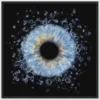 Soft blue-yellowish human eye iris macro art with an abundant water bubble and splash effect on a black background. This meaningful piece is part of the iris art online collection, symbolizing soul harmony, lightness, and spiritual resonance. The online iris service allows you to order such personalized artworks online.