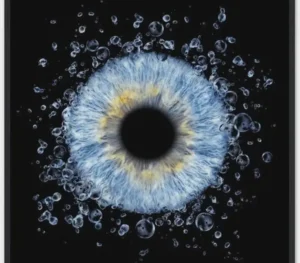 Soft blue-yellowish human eye iris macro art with an abundant water bubble and splash effect on a black background. This meaningful piece is part of the iris art online collection, symbolizing soul harmony, lightness, and spiritual resonance. The online iris service allows you to order such personalized artworks online.