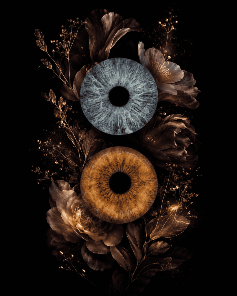 custom couple iris photography artwork featuring two real eye irises transformed into personalized eye art for couples, anniversaries and meaningful gifts.