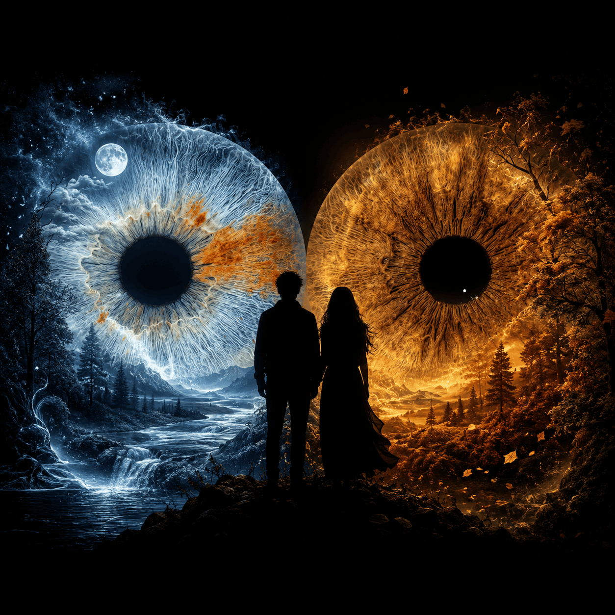 custom couple iris photography artwork featuring two real eye irises transformed into personalized eye art for couples, anniversaries and meaningful gifts.