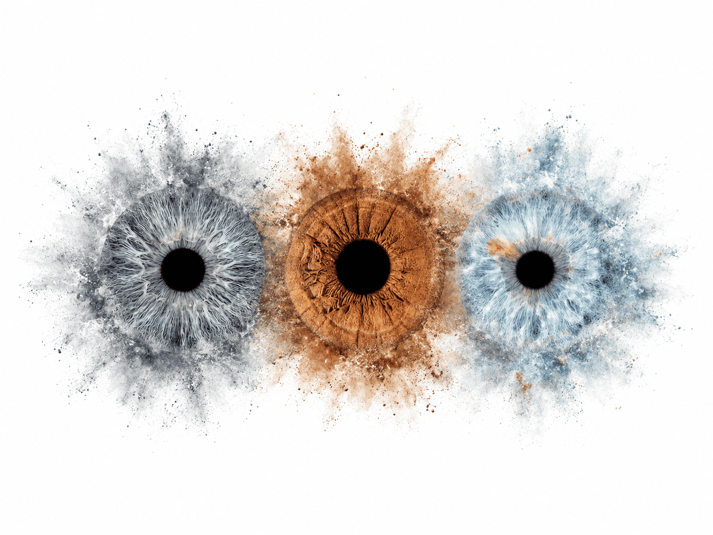 Blooming Together custom iris photography artwork featuring three family irises surrounded by soft blue and warm brown watercolor clouds.