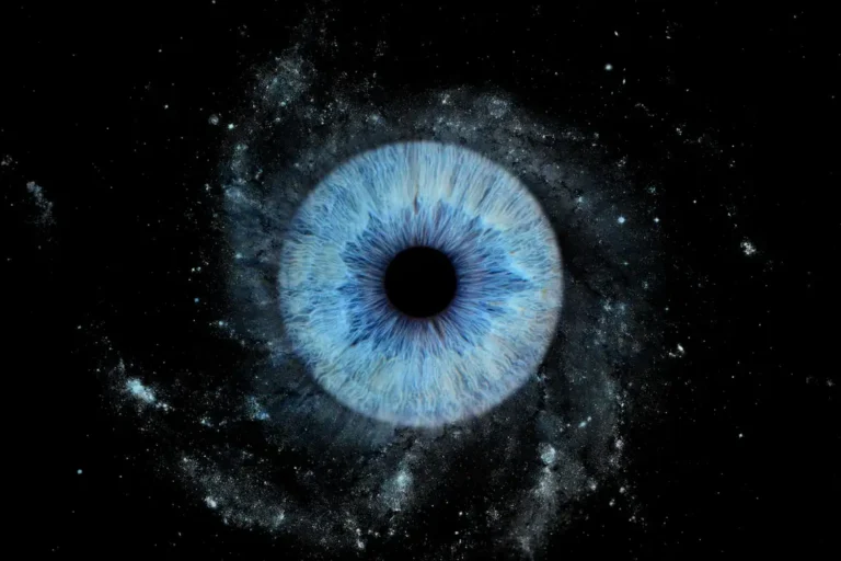 Blue Nebula personalized single eye photography art featuring one real blue iris surrounded by a deep cosmic nebula effect on black.