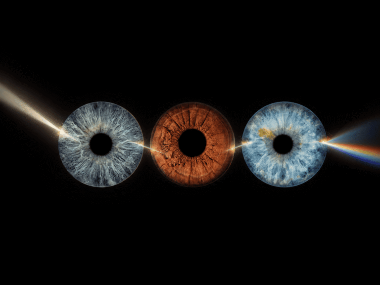 Bound by Light personalized eye photography art with three family irises connected by a radiant beam of light on a black background.