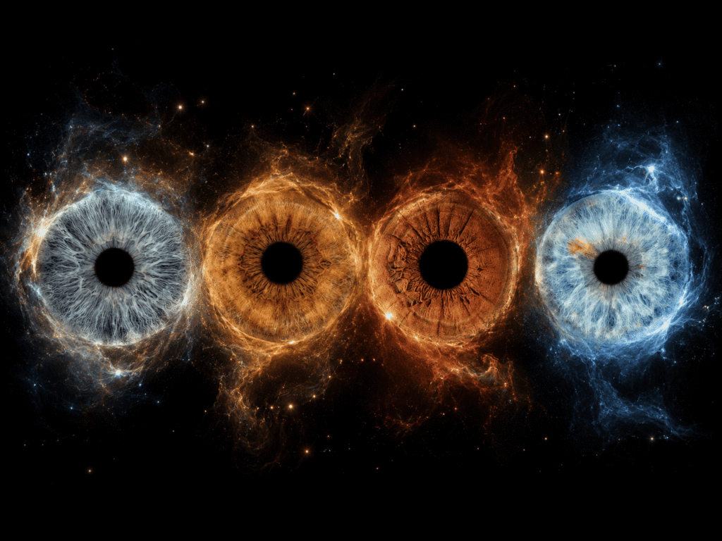 Boundless Constellation custom iris photography artwork featuring four family irises surrounded by blue and golden cosmic energy on black.