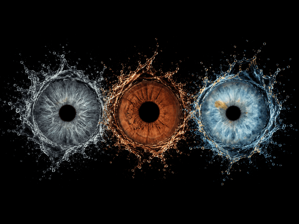 Celestial Bond custom family iris art featuring three unique eye irises joined by detailed blue and golden cosmic energy effects.