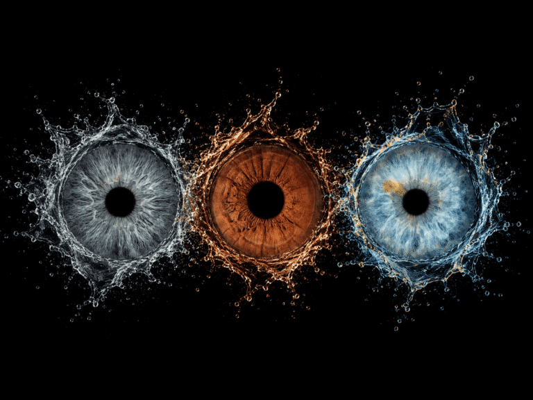 Celestial Bond custom family iris art featuring three unique eye irises joined by detailed blue and golden cosmic energy effects.