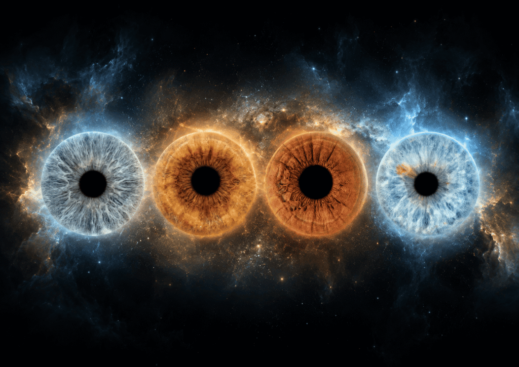 Celestial Gathering personalized family iris art with four real eye irises glowing together inside a dramatic blue and amber nebula.