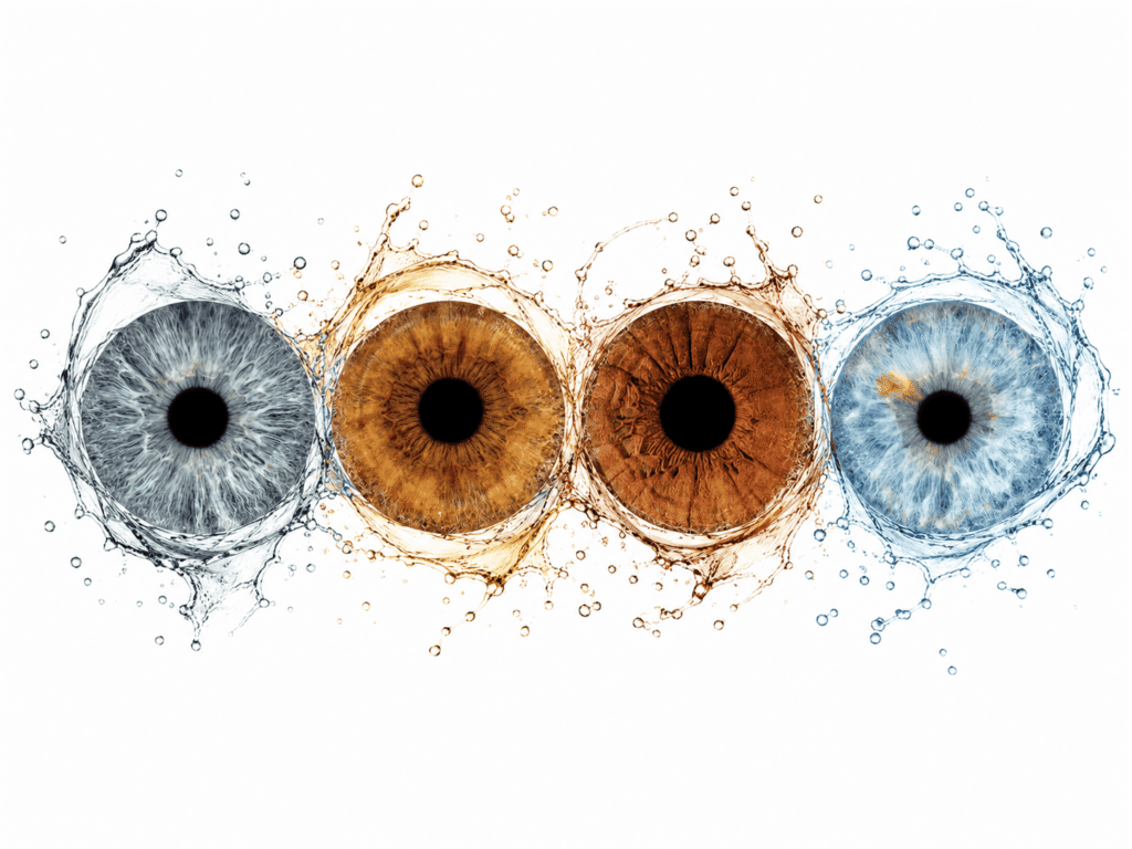 Circles in Motion custom eye photography portrait featuring four family irises connected by elegant watercolor circles on a white background.