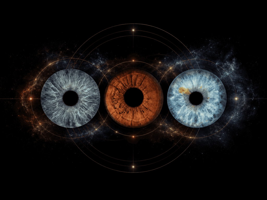 Cosmic Alignment custom eye photography artwork showing three family irises connected through elegant golden orbital rings in space.