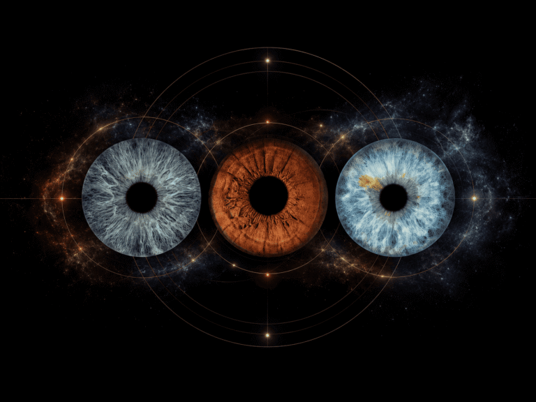 Cosmic Alignment custom eye photography artwork showing three family irises connected through elegant golden orbital rings in space.