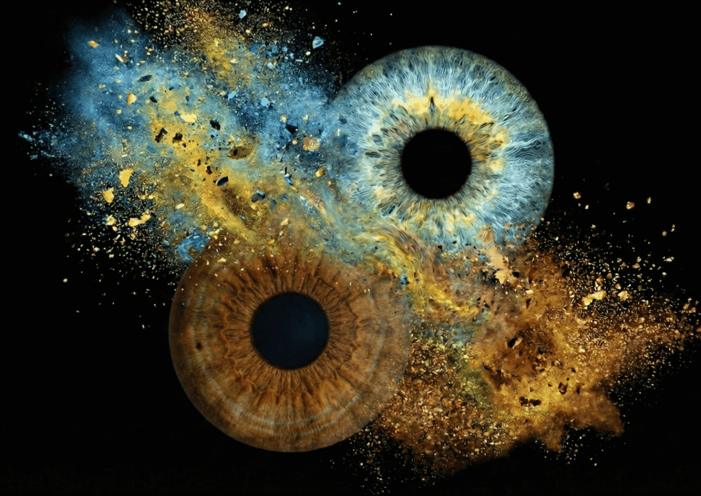 Cosmic Bloom custom couple iris photography artwork featuring two real irises surrounded by an expanding cosmic dust effect, designed as personalised eye art for couples.