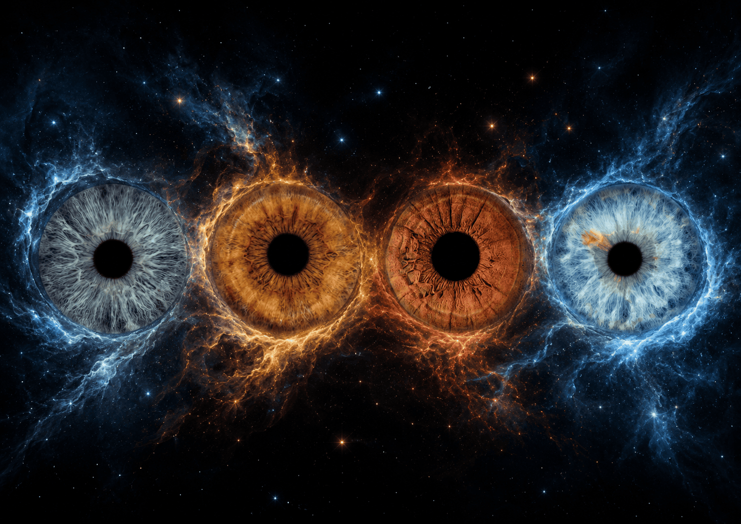 Cosmic Embrace personalized four iris family artwork surrounded by luminous blue and golden celestial clouds on a deep black background.