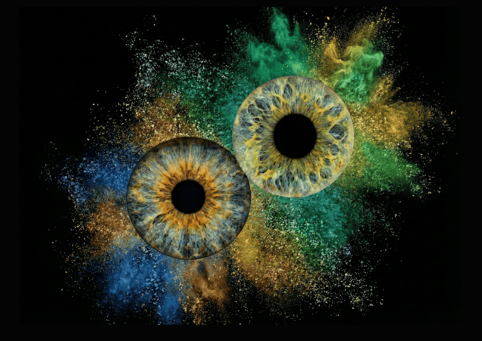 Cosmic Fusion – personalised iris art Cosmic Fusion personalised iris artwork combining two real eye irises with dramatic cosmic energy and particle effects, created as unique couple eye photography art.