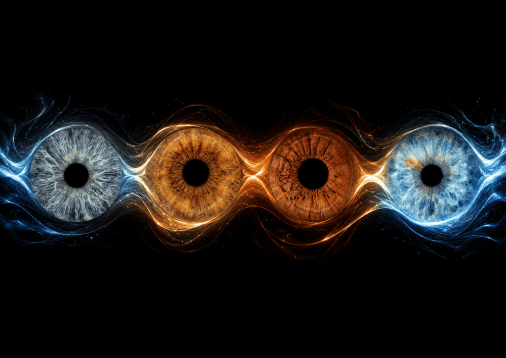 Currents Between Us custom iris photography art with four family irises linked by flowing blue and golden waves of light.