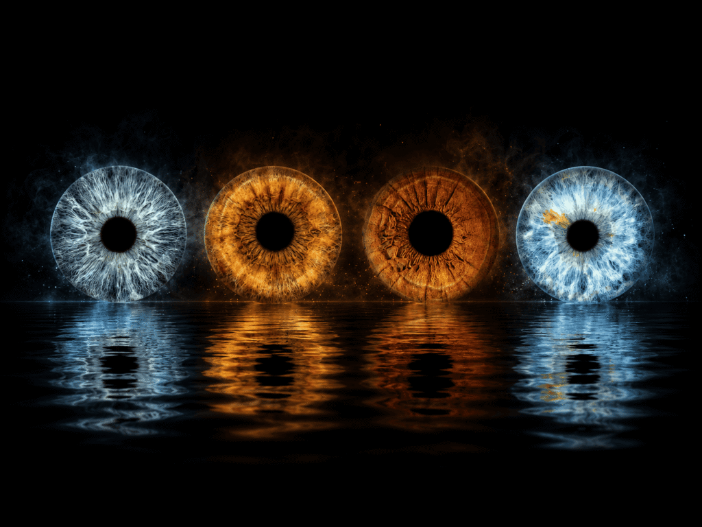 Echoes on Water personalized eye photography artwork featuring four family irises with glowing reflections across dark water.