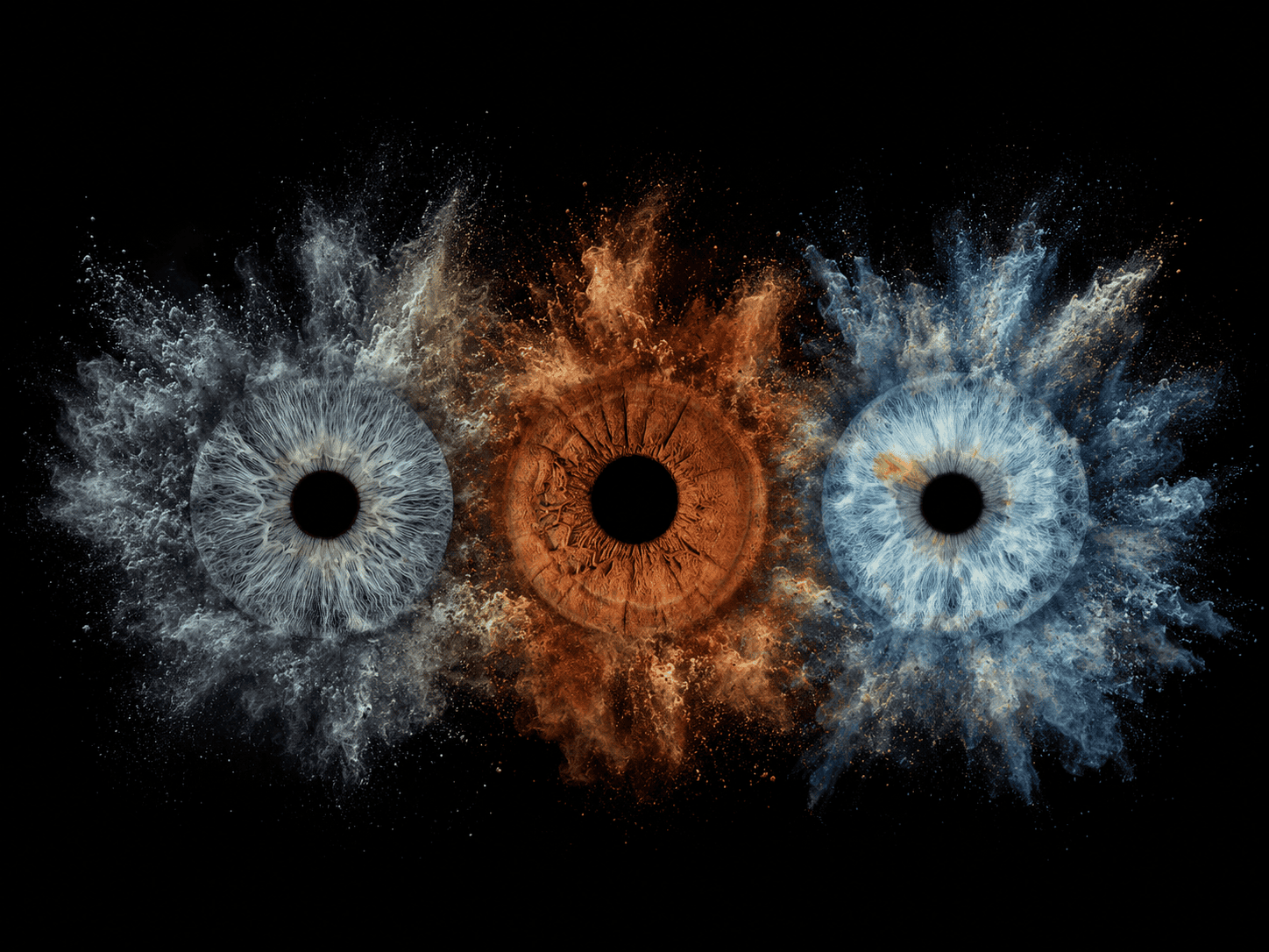 Elements United personalized family iris art with three real eye irises surrounded by dramatic blue and amber elemental clouds.