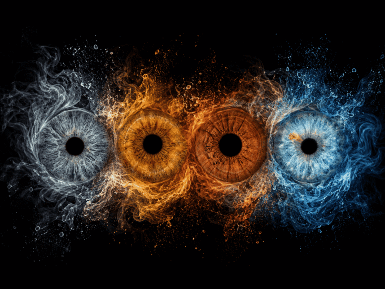 Elements in Bloom custom family iris portrait with four unique eye irises surrounded by dramatic blue, gold and silver elemental effects.