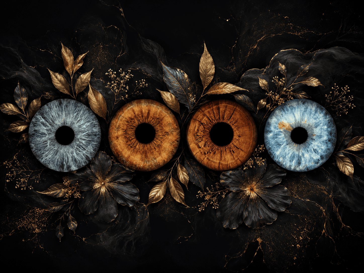 Eternal Garden personalized iris photography artwork featuring four family irises framed by luxurious black and golden botanical details.
