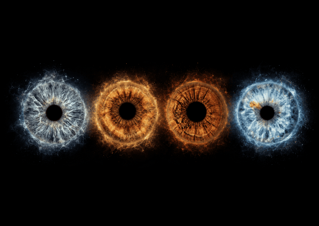 Fourfold Radiance custom four iris photography portrait with four family eyes glowing in blue, amber and golden light on black.