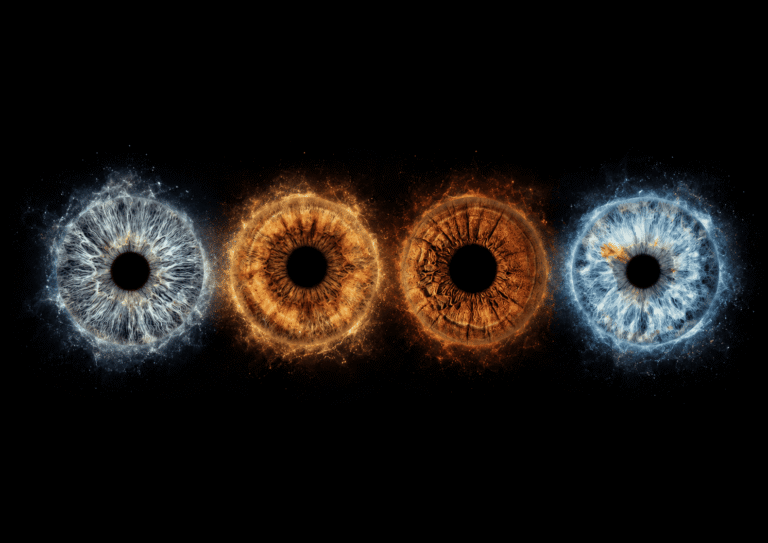 Fourfold Radiance custom four iris photography portrait with four family eyes glowing in blue, amber and golden light on black.