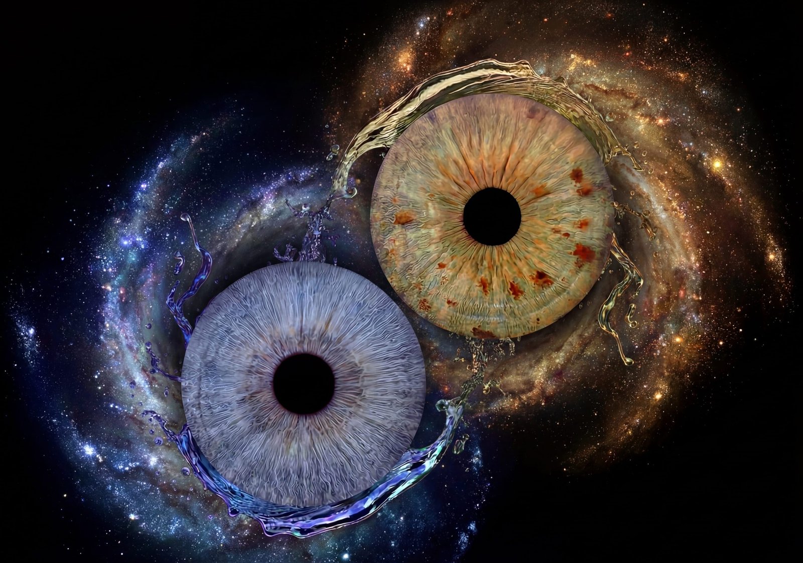 Galactic Embrace – personalised iris art Galactic Embrace custom couple iris photography artwork featuring two real eye irises surrounded by swirling galaxy and nebula effects in a connected composition.