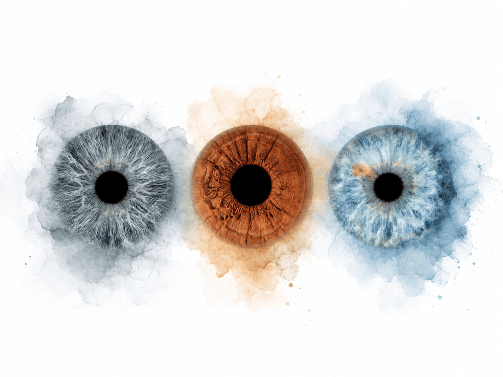 Gentle Imprints custom iris photography artwork featuring three family irises blended with soft blue, grey and warm watercolor textures.