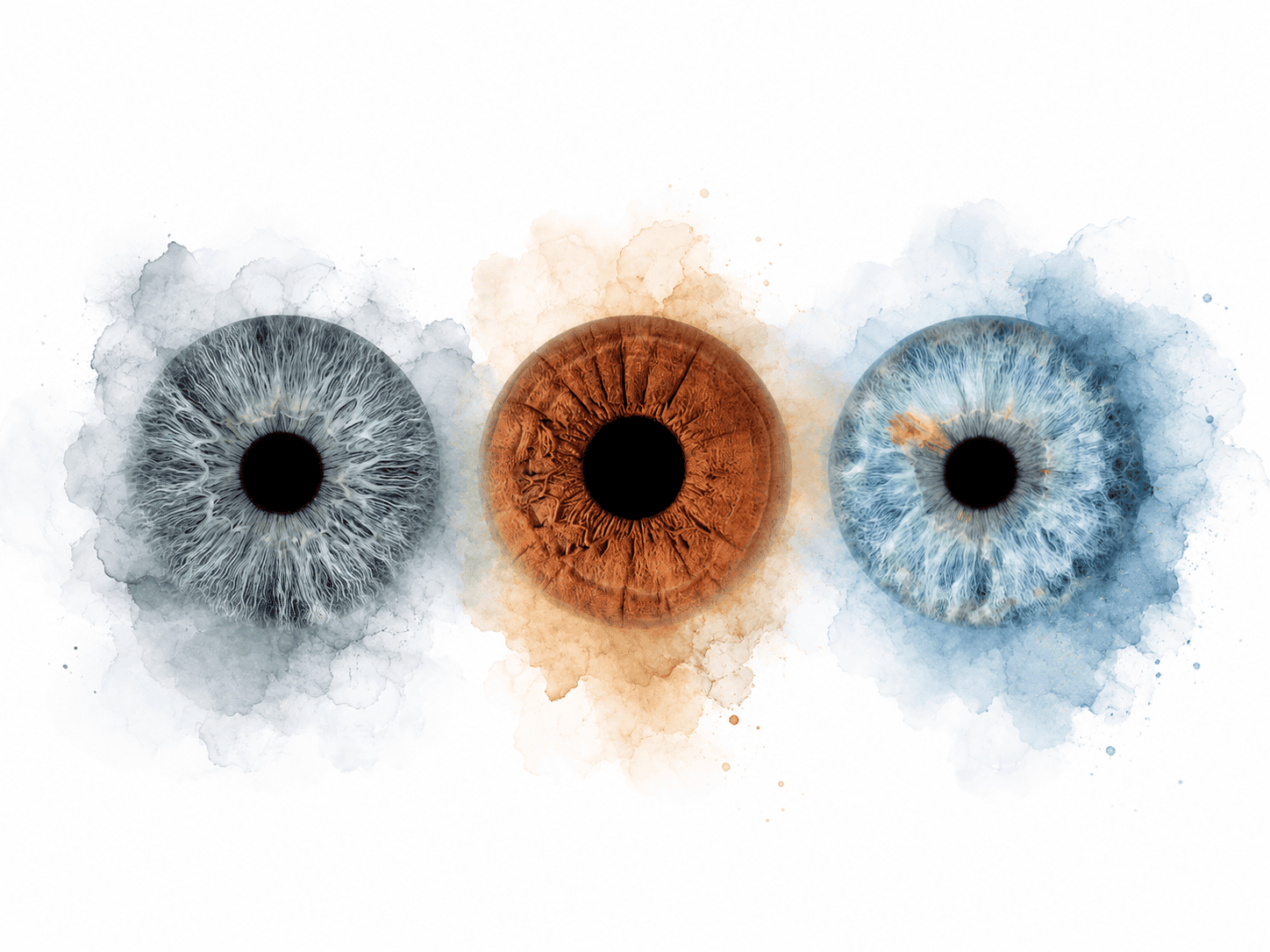 Gentle Imprints custom iris photography artwork featuring three family irises blended with soft blue, grey and warm watercolor textures.