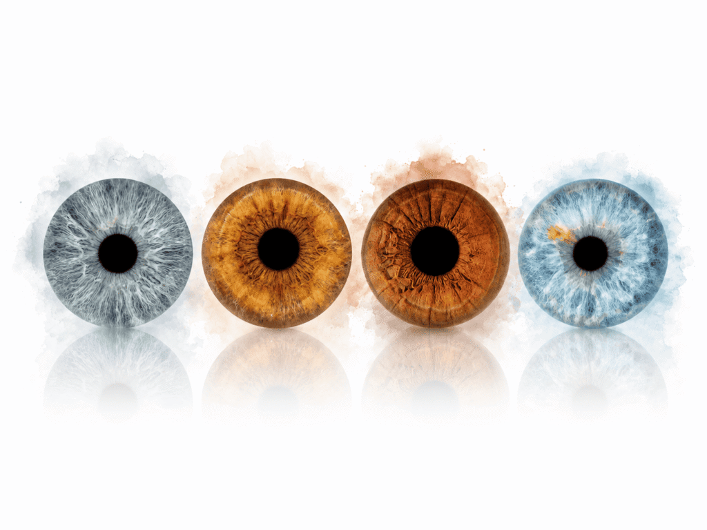 Gentle Reflections personalized family iris art showing four real eye irises with soft mirrored reflections on a clean white background.