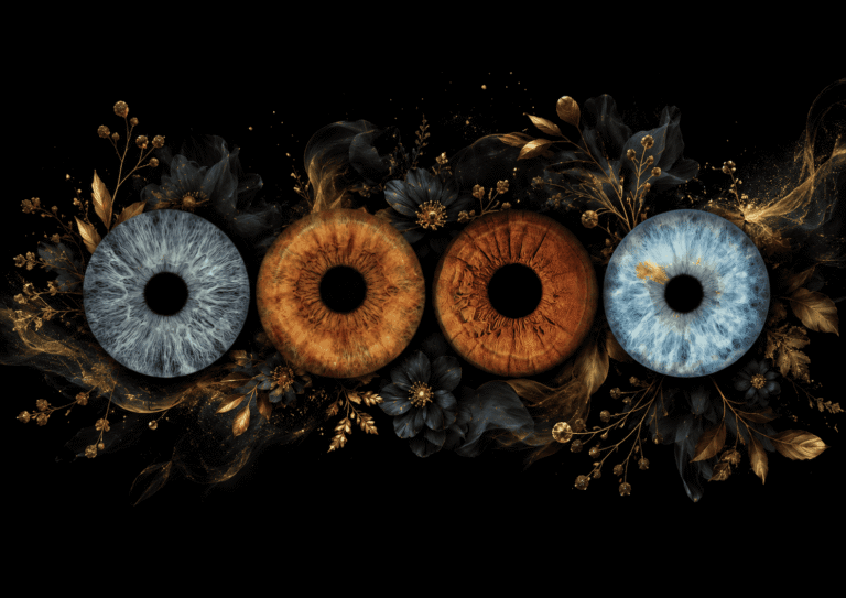 Gilded Roots custom eye photography artwork featuring four family irises surrounded by dark botanical textures and elegant golden leaves.